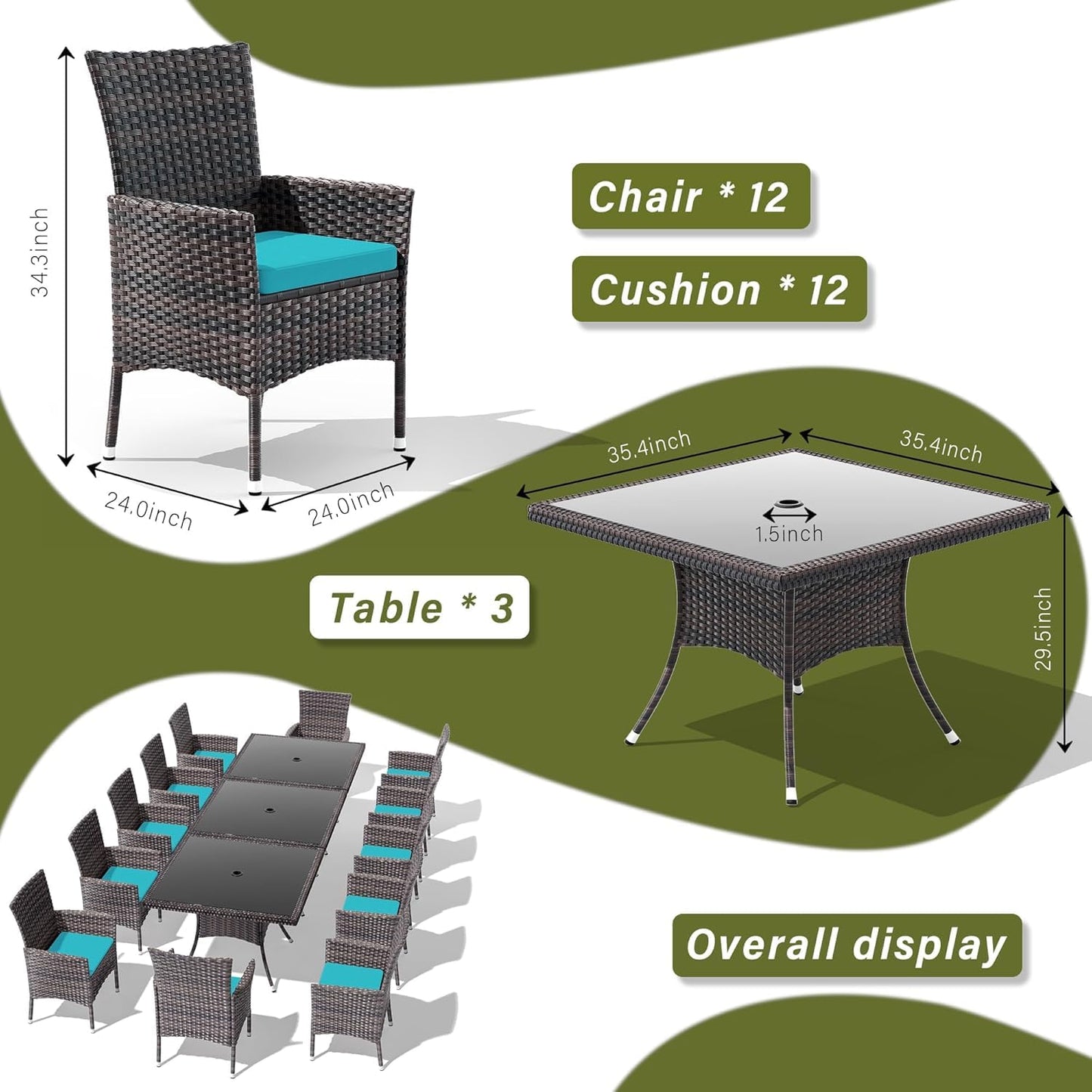 Ensemble de salle à manger de patio 15 pièces Meubles d'extérieur en rotin Ensemble de salle à manger avec 3 plateaux de table carrés en verre 12 chaises avec coussins bleu marine pour patio, arrière-cour, cuisine extérieure, pelouse et jardin 