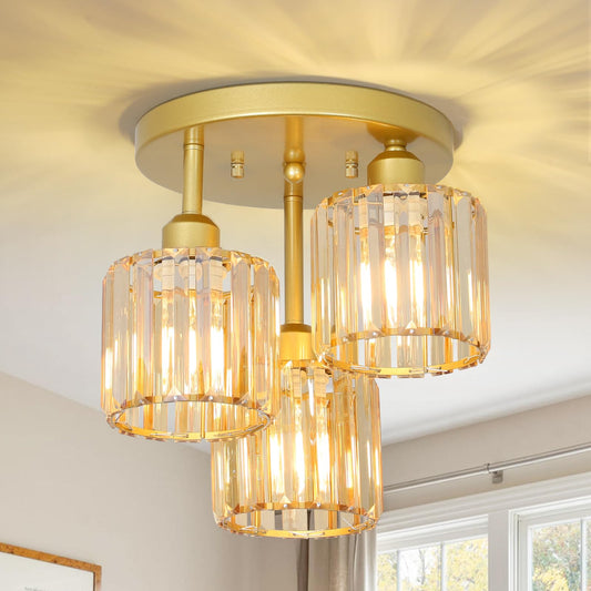 3-Light Crystal Semi Flush Mount Ceiling Light | Black Modern Fixture for Kitchen, Hallway & Bedroom