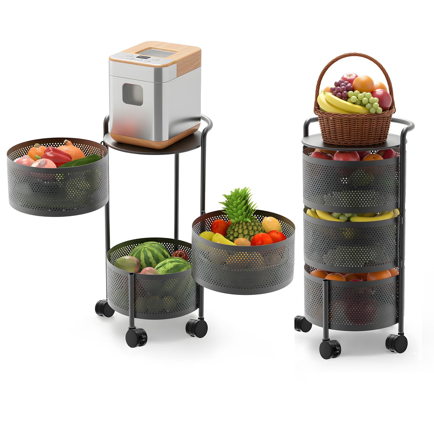 No Assembly Required Vegetable Storage Rack, 4-Tier Rotating Fruit Basket with Wheels, Heavy Duty Carbon Steel Kitchen Storage Cart