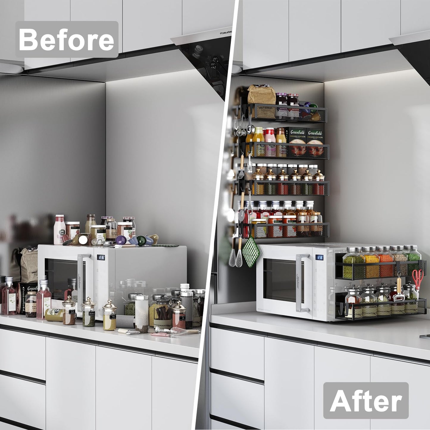 Magnetic Spice Rack for Refrigerator, 6 Pack Magnetic Shelf, Fridge Magnet Organizer with Moveable 12 Hooks, Magnetic Fridge Shelf for Kitchen Organization and Storage (6 Pack)