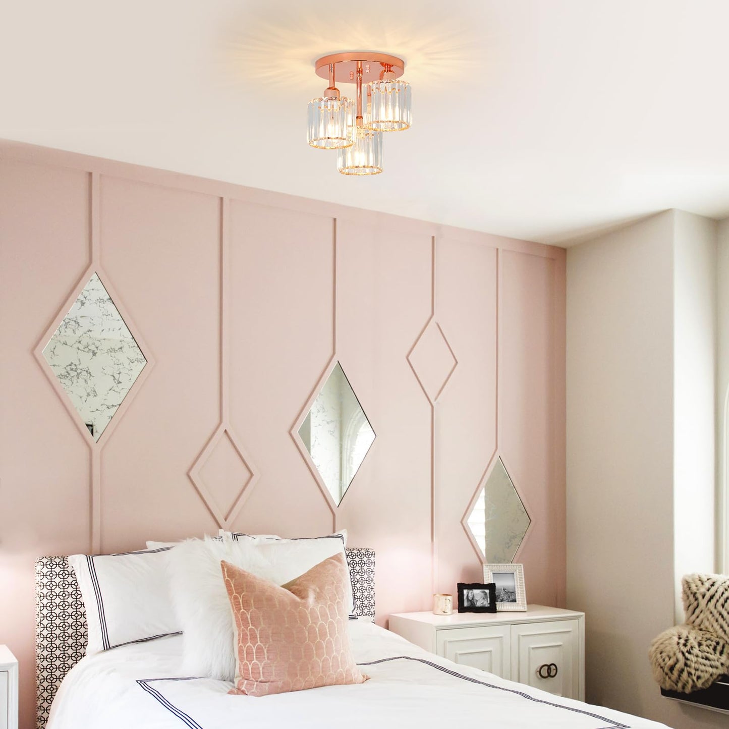 Crystal Semi Flush Ceiling Light – Modern Black Fixture, Clear Shade