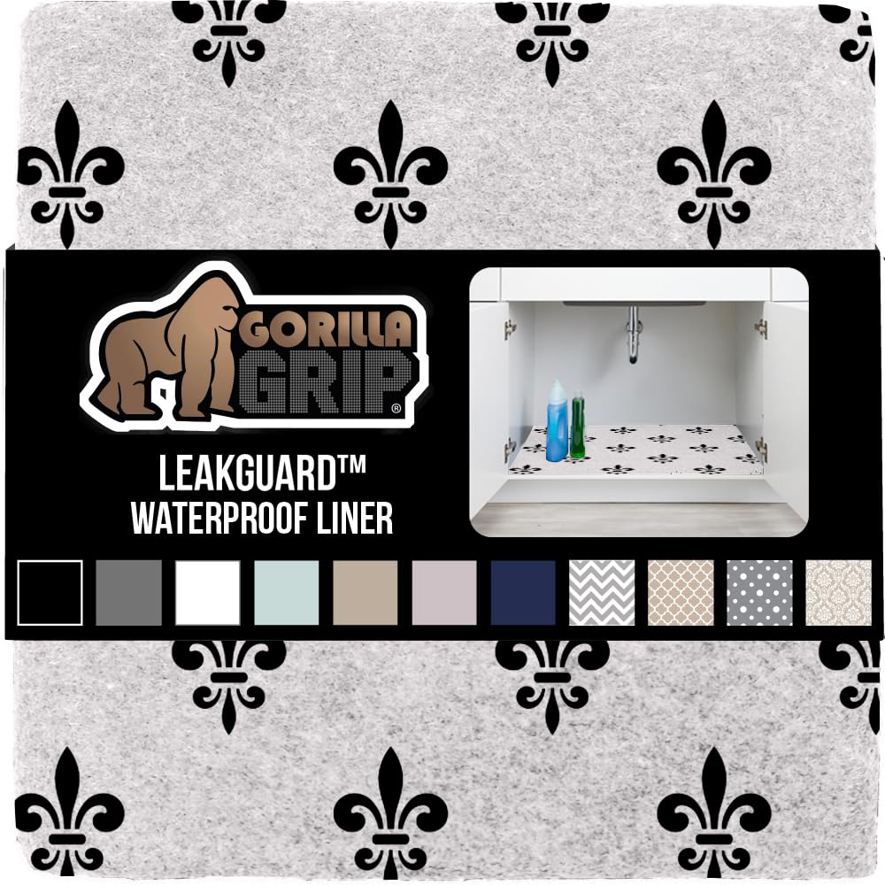 Gorilla Grip LeakGuard Non-Adhesive Under Sink Mat for Kitchen Cabinet, 24x40, Waterproof Quick Dry Shelf Liner, Durable Absorbent Felt Mats for Bathroom Sinks, Cabinets, Dresser, Damask Taupe Cream