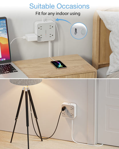 Surge Protector Flat Extension Cord Flat Plug Power Strip, 8 AC Outlets, 3 USB Charger(1 USB C Port) 3-Sided Outlet Extender, 5 Ft, 900 Joules Protection
