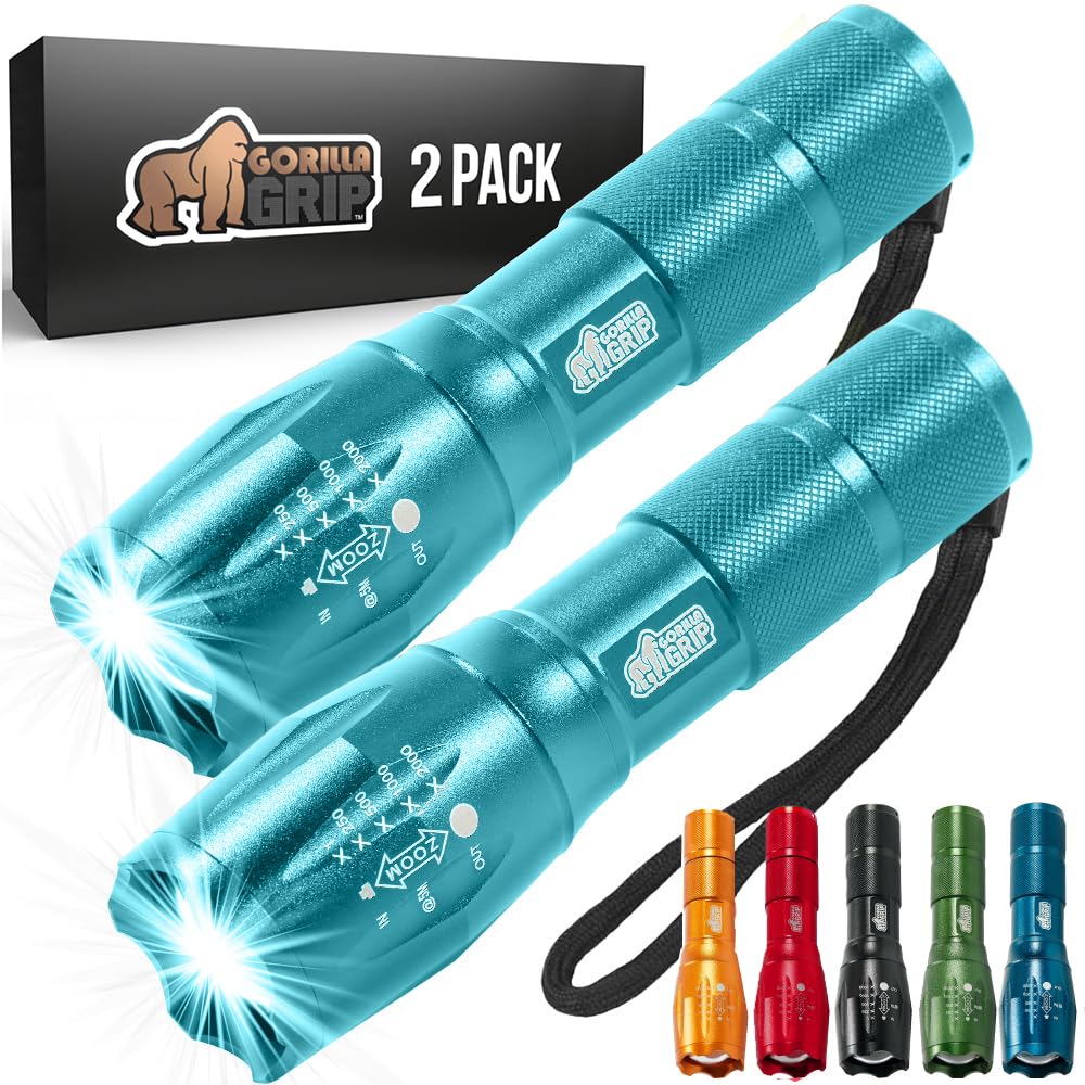 Gorilla Grip Powerful LED 750 FT Water Resistant 5 Adjustable Mode Tactical Flashlight, High Lumens Ultra Bright Battery Zoom Flashlights, Small Camping Car Mini Flash Light Accessories, 2 Pack Gold