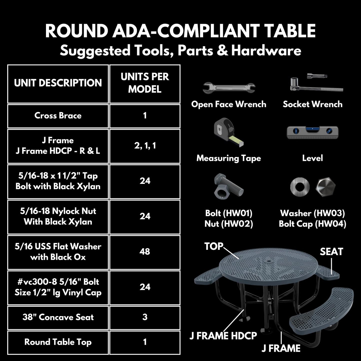 Table de pique-nique d'extérieur portable et robuste avec trou pour parasol, mobilier d'extérieur en métal déployé de qualité commerciale, fabriqué en Amérique (plateau rond de 46 po, bleu clair) 