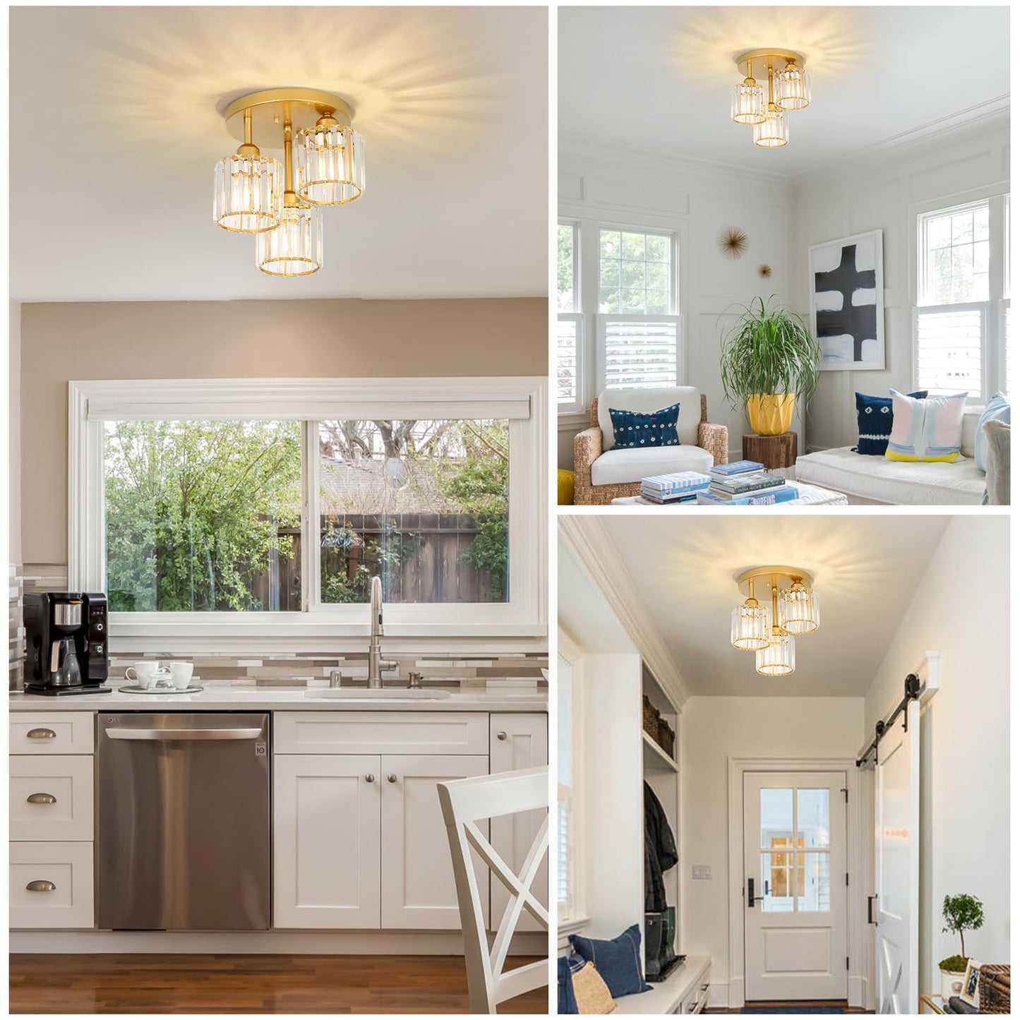 3-Light Crystal Semi Flush Mount Ceiling Light | Black Modern Fixture for Kitchen, Hallway & Bedroom