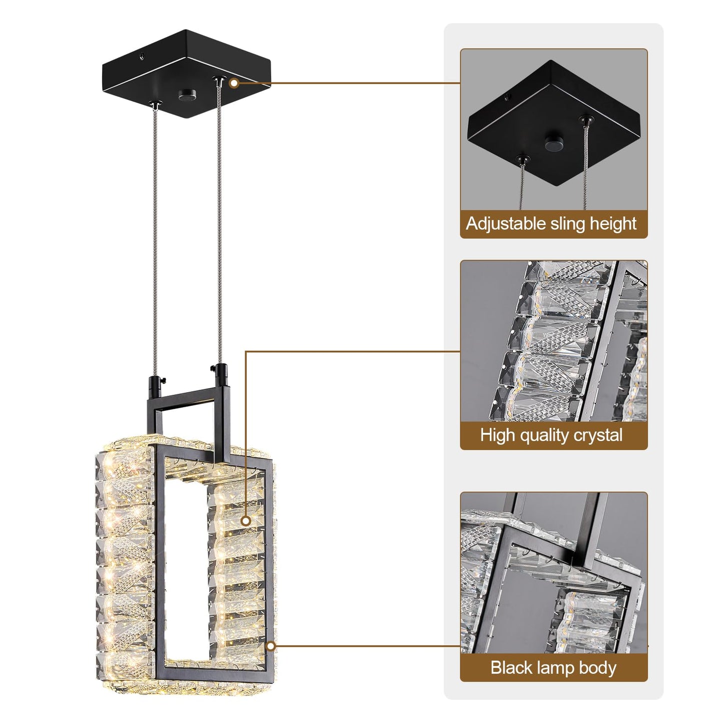 Kitchen Island Mini Light Fixture Modern Led Crystal Pendant Light Gold Rectangle Chandelier for Dining Room Living Room Kitchen Bedroom Bar（1-Pack）