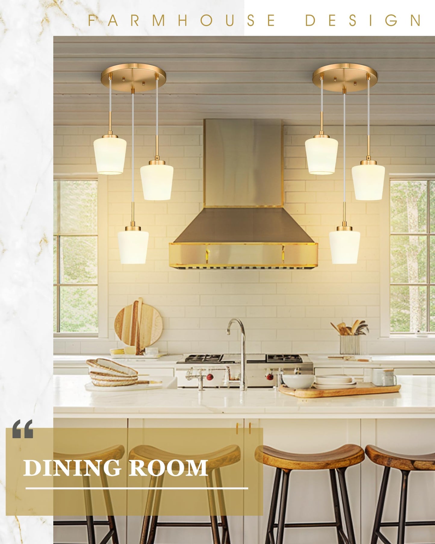 3-Light Pendant Light Fixtures, Brushed Gold Dining Room Light Fixture Over Table, Adjustable Kitchen Island Lighting with Milk White Glass, Farmhouse Hanging Light Fixture, AD-22004-3P-GD