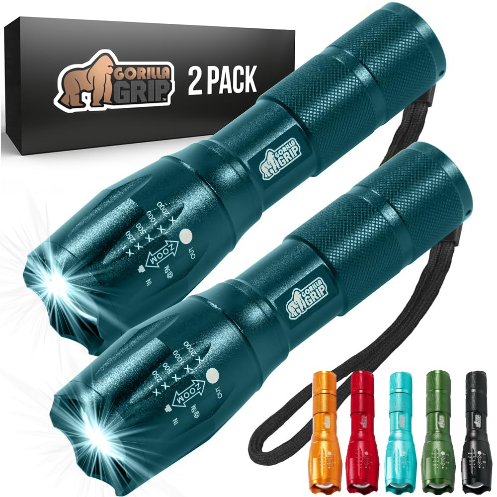 Gorilla Grip Powerful LED 750 FT Water Resistant 5 Adjustable Mode Tactical Flashlight, High Lumens Ultra Bright Battery Zoom Flashlights, Small Camping Car Mini Flash Light Accessories, 2 Pack Gold