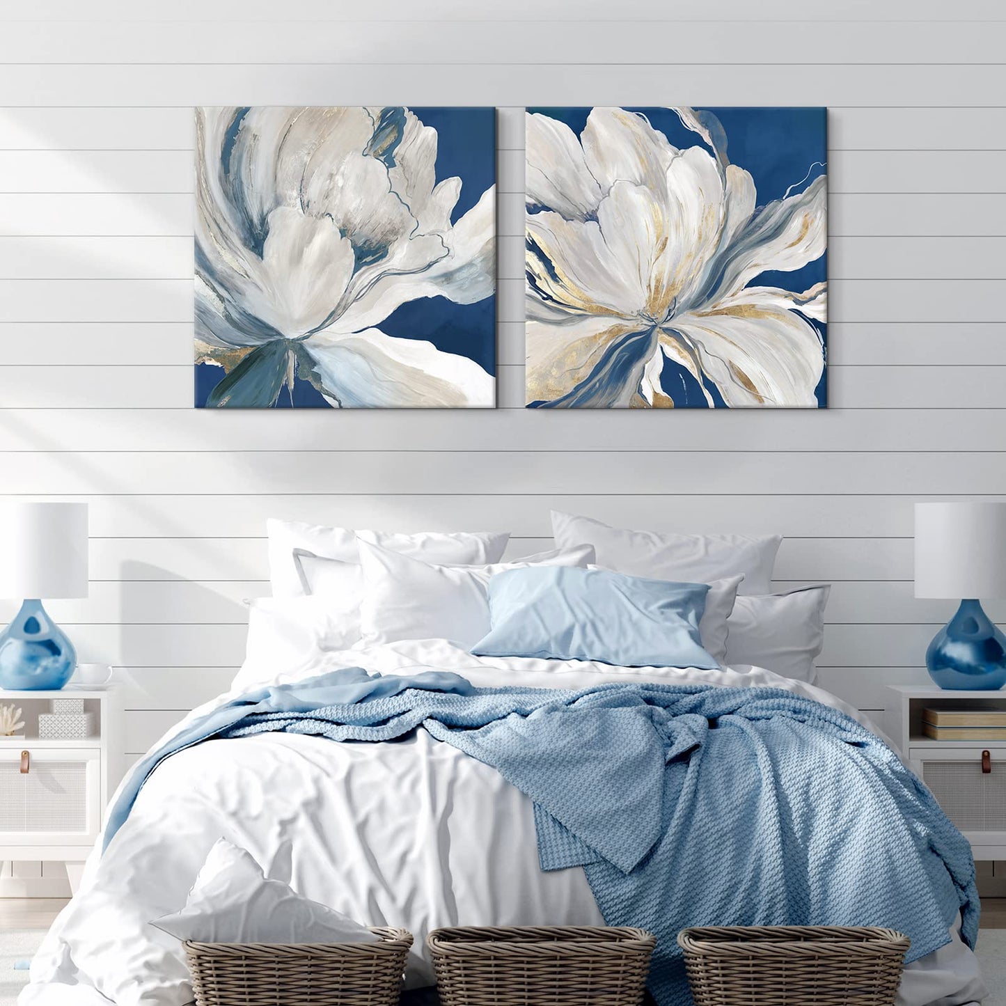 Goldfoilart Décoration murale florale moderne en fleurs blanches avec peintures en feuille d'or, œuvres d'art encadrées pour salon, chambre à coucher, cuisine, 61 x 61 cm x 2 pièces 