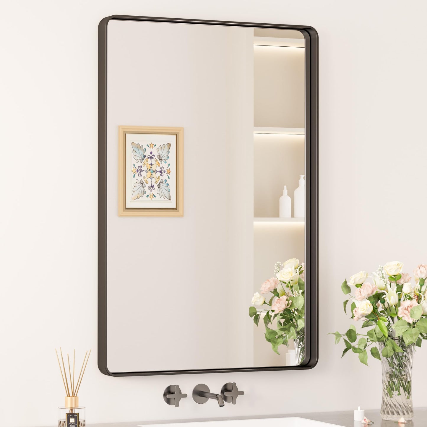 Keonjinn Black Mirror for Bathroom Sink, 24 x 30 Inch Sandblasted Finish Aluminum Wall Mirrors, Matte Black Rectangle Farmhouse Mirror with Shatterproof HD Tempered Glass, Anti-Rust Metal Frame