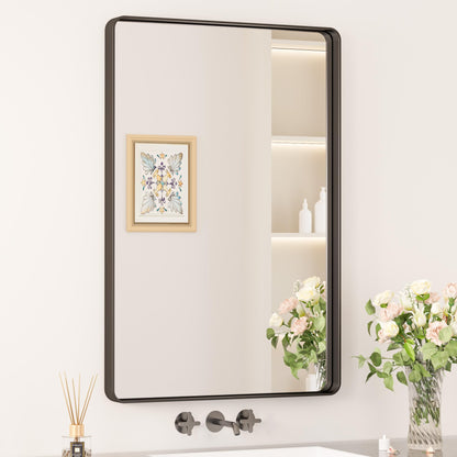Keonjinn Black Mirror for Bathroom Sink, 24 x 30 Inch Sandblasted Finish Aluminum Wall Mirrors, Matte Black Rectangle Farmhouse Mirror with Shatterproof HD Tempered Glass, Anti-Rust Metal Frame