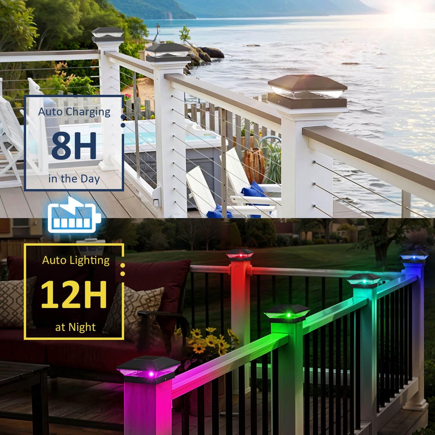 T-SUN Solar Post Cap Lights, 6 Pack – Warm & Cool White, Waterproof, Fits 4x4/5x5/6x6 Posts