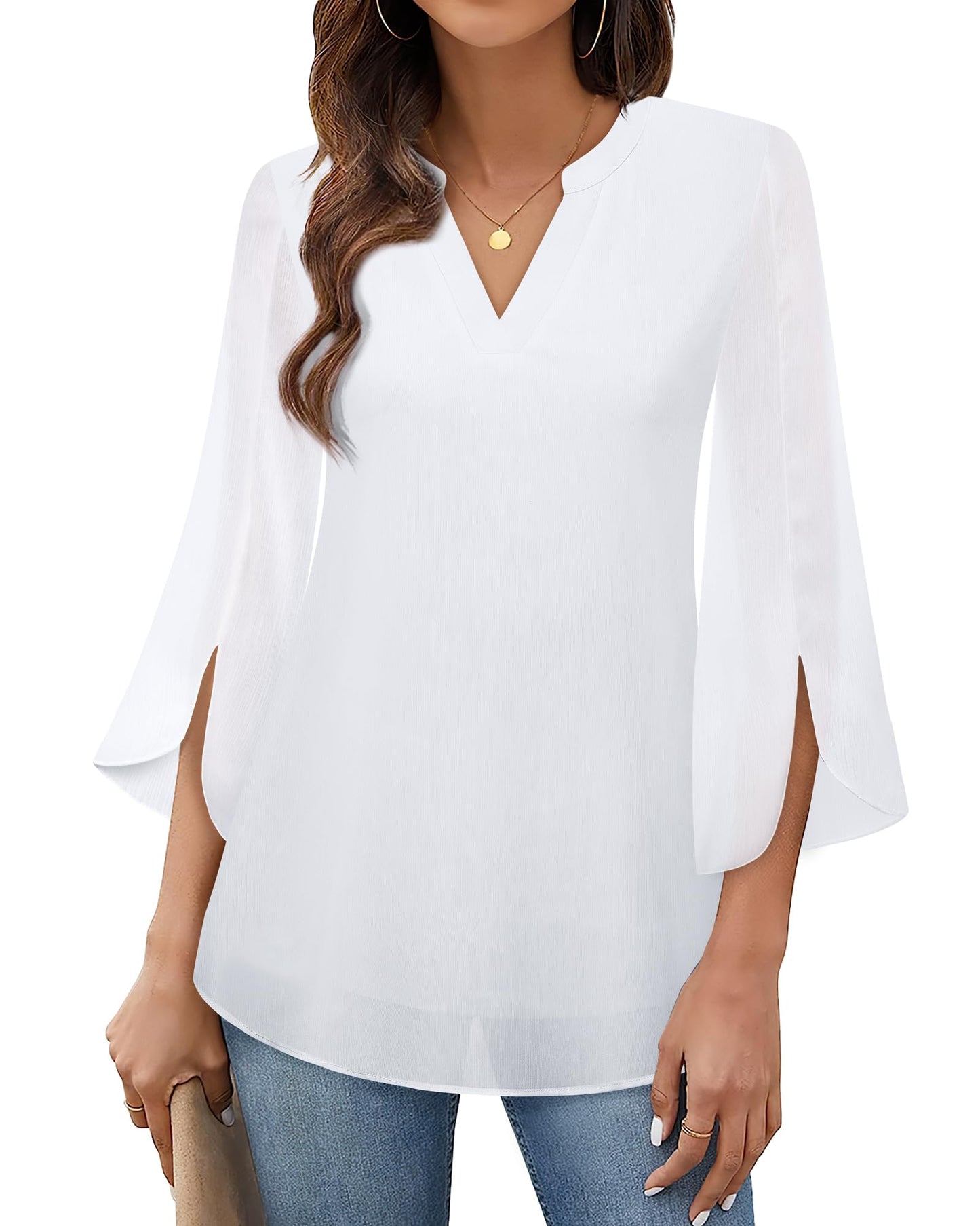 Timeson Women's 3/4 Sleeve Chiffon Blouse Shirt V Neck Dressy Tunic Tops