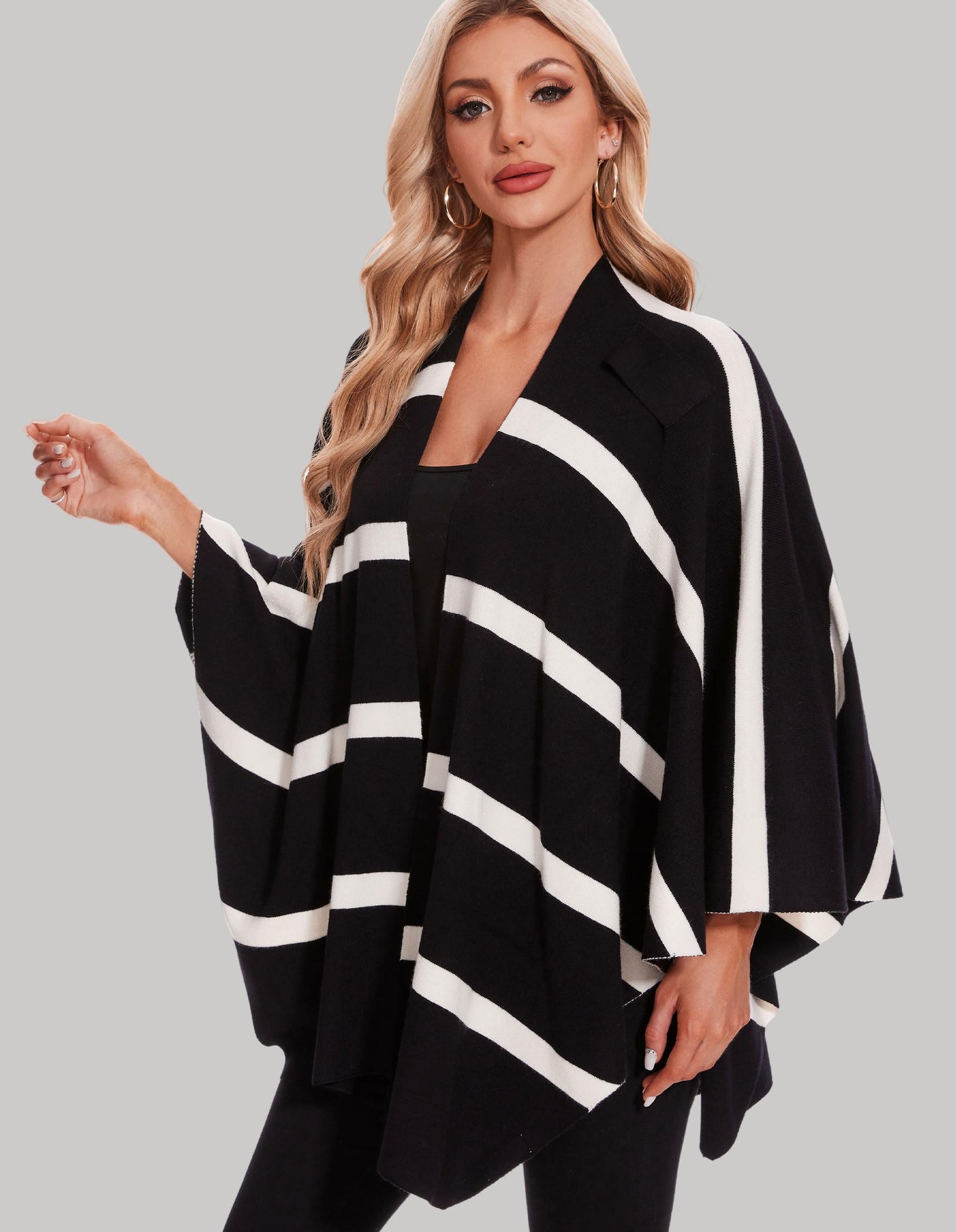 PULI Femmes Grand Poncho Croisé Sur Le Devant Pull Enveloppant Topper Tricoté Élégant Châles Cape pour l'Automne Hiver