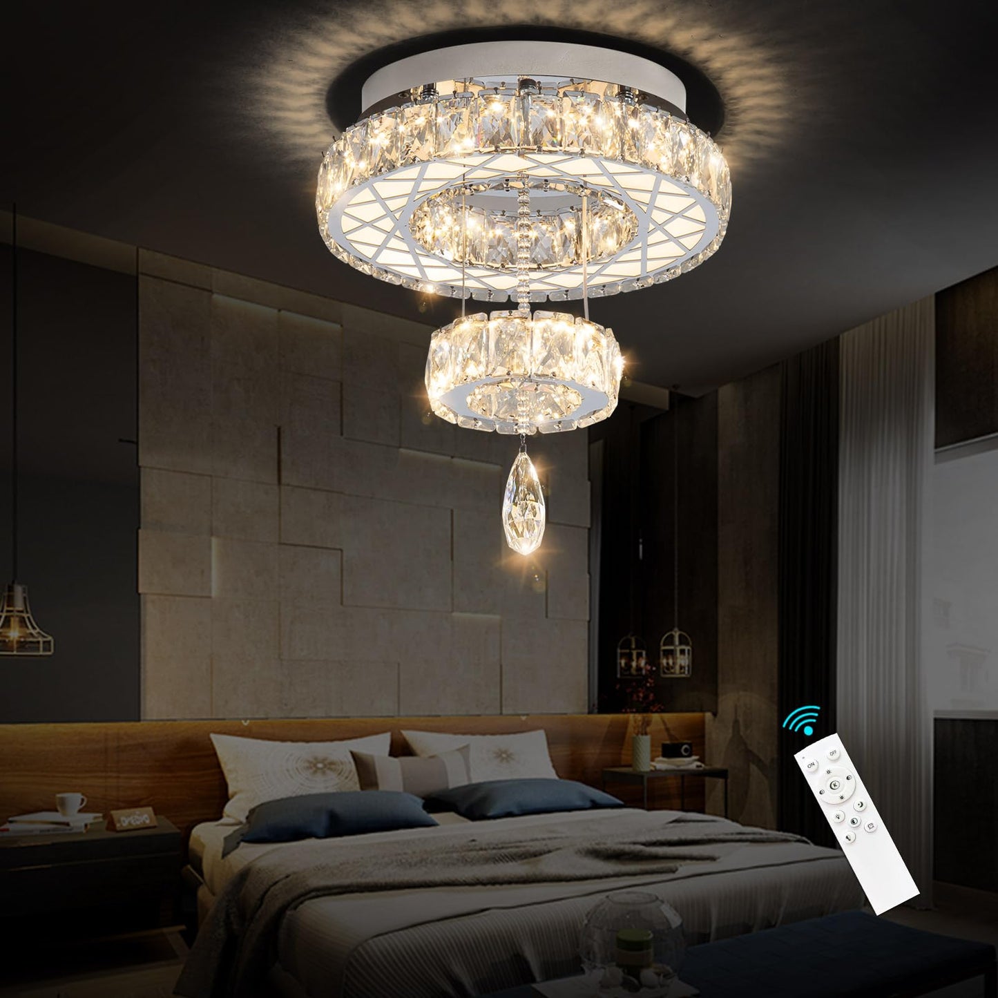 Modern Flush Ceiling Chandelier Bedroom Light Fixtures Crystal Flat Sloping Ceiling Lights for Hallway Kitchen Dining Room Dimmable Light with Remote Gold