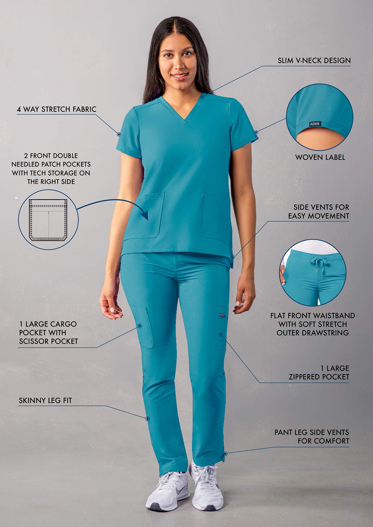 Adar Addition Go-Basic Scrub Set for Women - Slim V-Neck Scrub Top & Skinny Cargo Scrub Pants