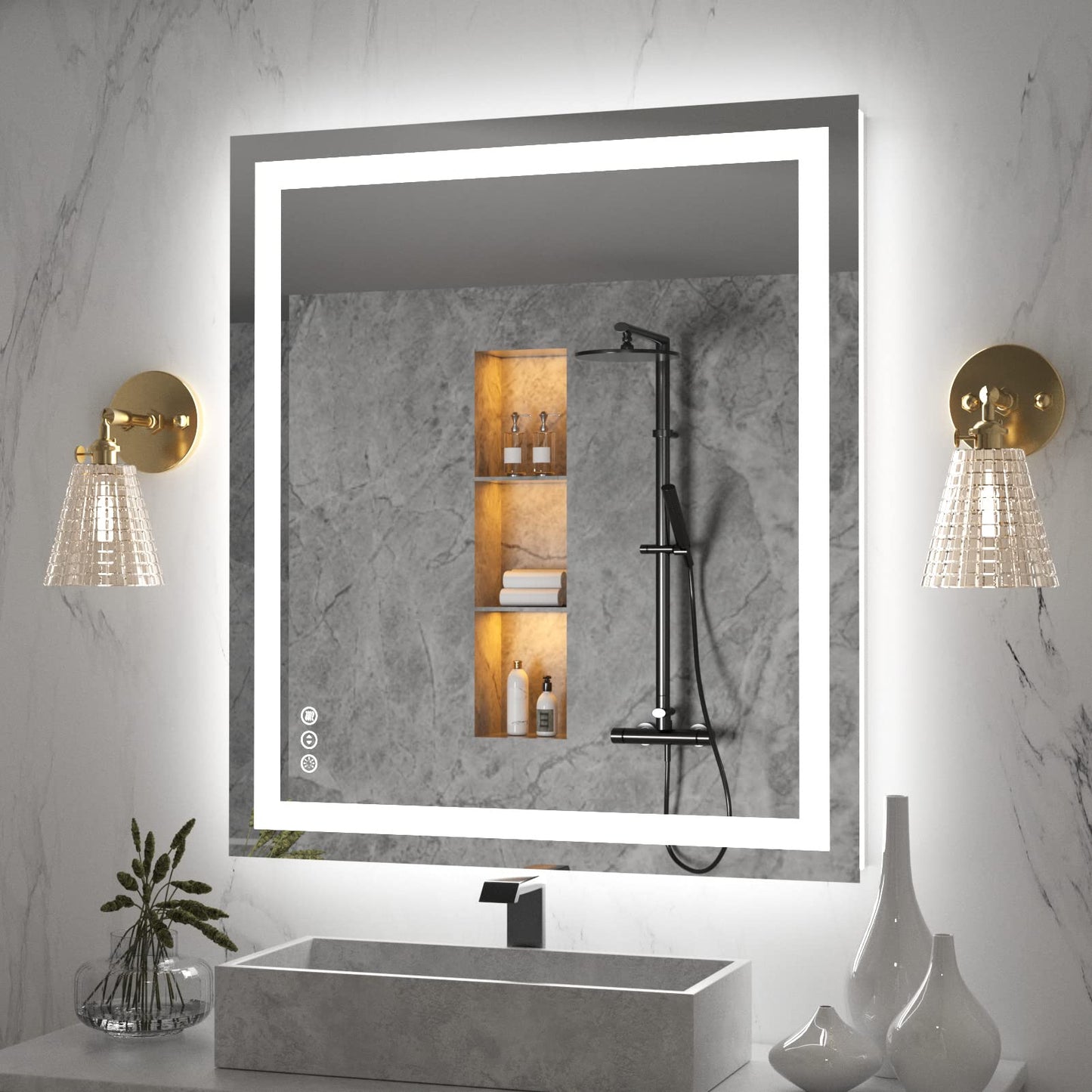 Amorho 20"x 28" LED Bathroom Mirror with Black Frame, Front Light and Backlit(Controlled Separately), Stepless Dimmable, Anti-Fog, Shatter-Proof, 3 Colors, Memory