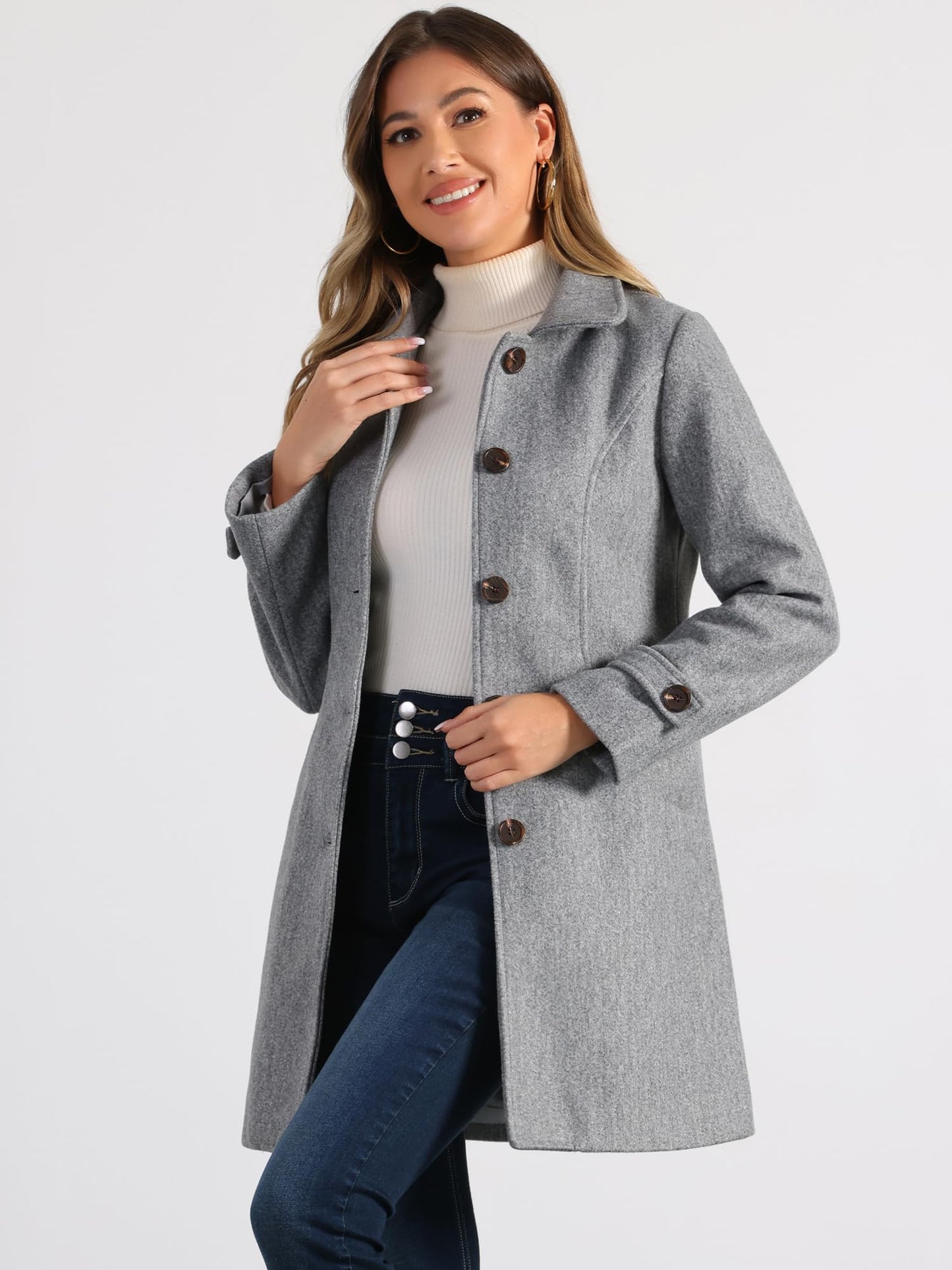 Allegra K Damen Winter Oberbekleidung Mantel Peter Pan Kragen Mitte Oberschenkel A-Linie Einreihig Pea Coat