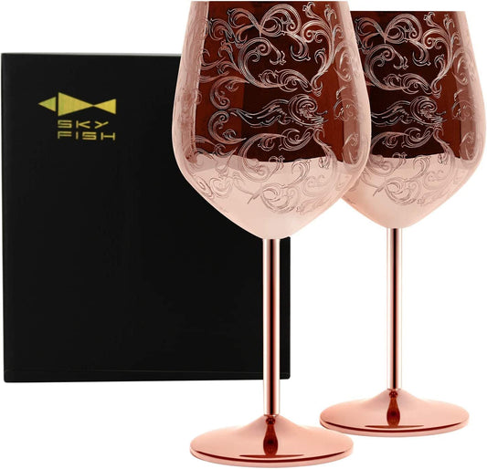 Sky Fish Etched Stainless Steel Wine Glasses With Copper Plated,Set of 2(17oz) Wine Goblets