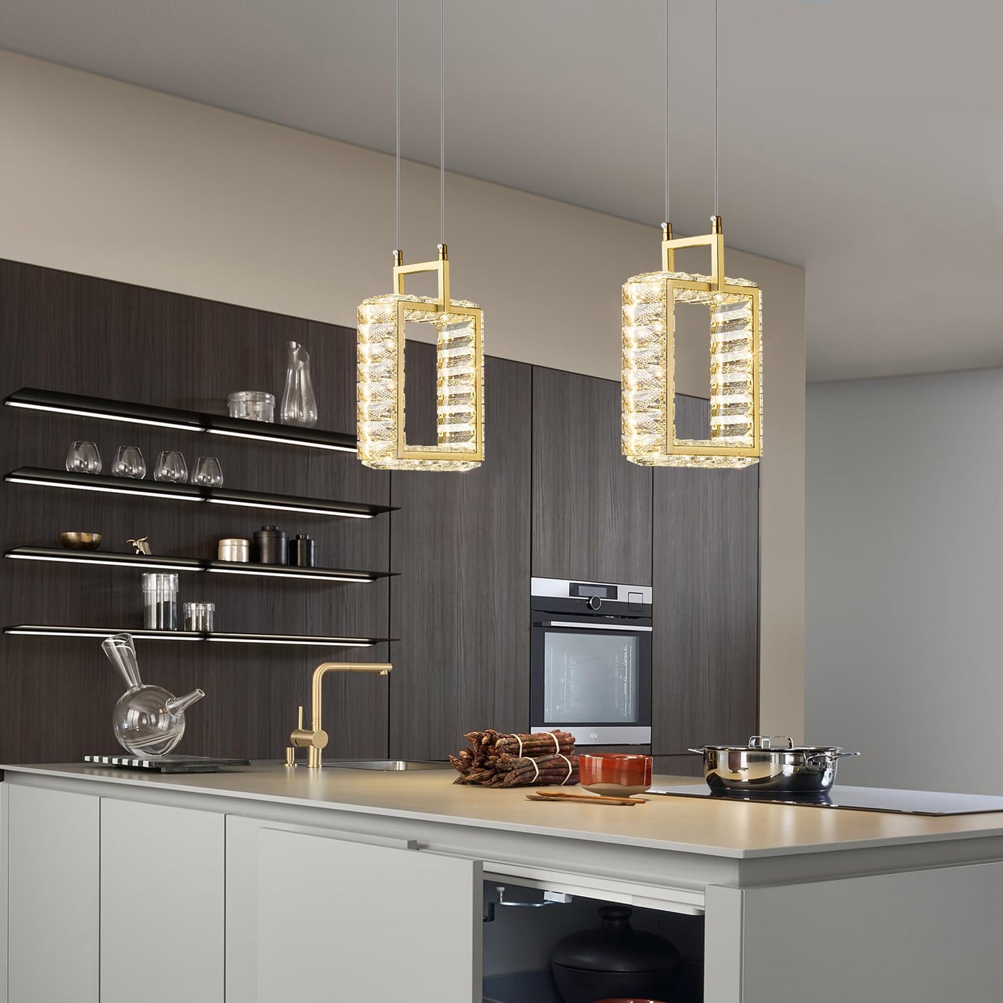 Kitchen Island Mini Light Fixture Modern Led Crystal Pendant Light Gold Rectangle Chandelier for Dining Room Living Room Kitchen Bedroom Bar（1-Pack）