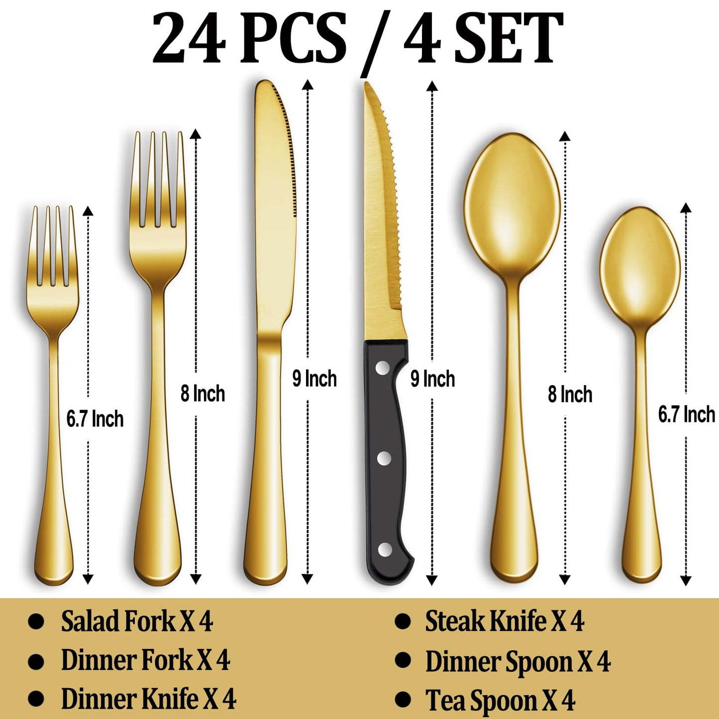 24 Pcs Silverware Set with Steak Knives Service for 4,Stainless Steel Flatware Set,Mirror Polished Cutlery Utensil Set,Home Kitchen Eating Tableware Set,Include Fork Knife Spoon Set,Dishwasher Safe