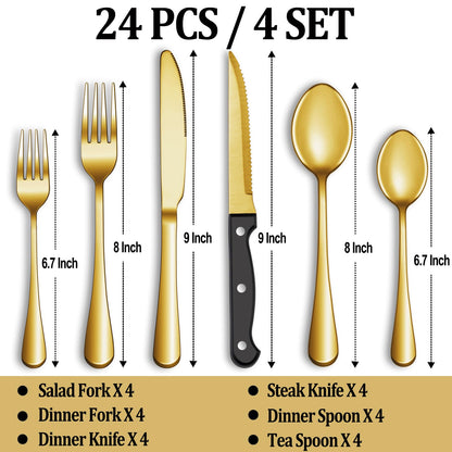 24-Piece Silverware Set with Steak Knives – Stainless Steel Flatware for 4