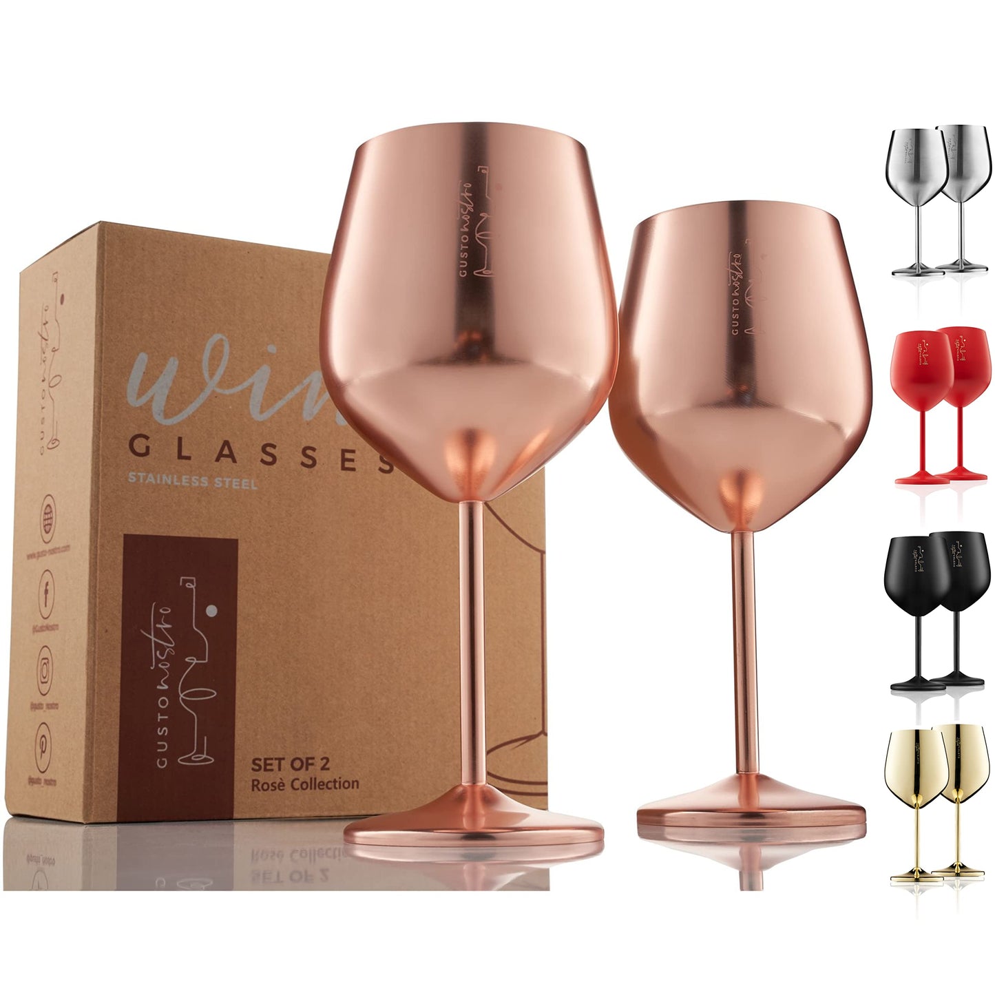 Gusto Nostro Weinglas aus Edelstahl – 18 oz – Unzerbrechliche Weingläser in Roségold für Reisen, Camping und Pool – Schickes, einzigartiges und cooles tragbares Weinglas aus Metall für draußen, Picknicks (2er-Set) 