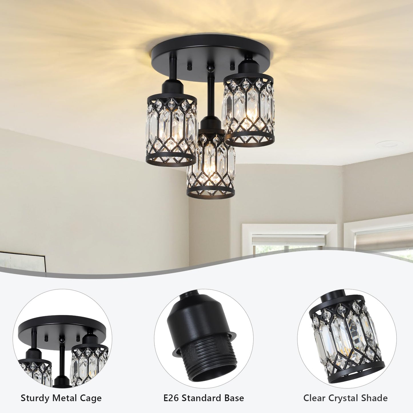Crystal Semi Flush Ceiling Light – Modern Black Fixture, Clear Shade