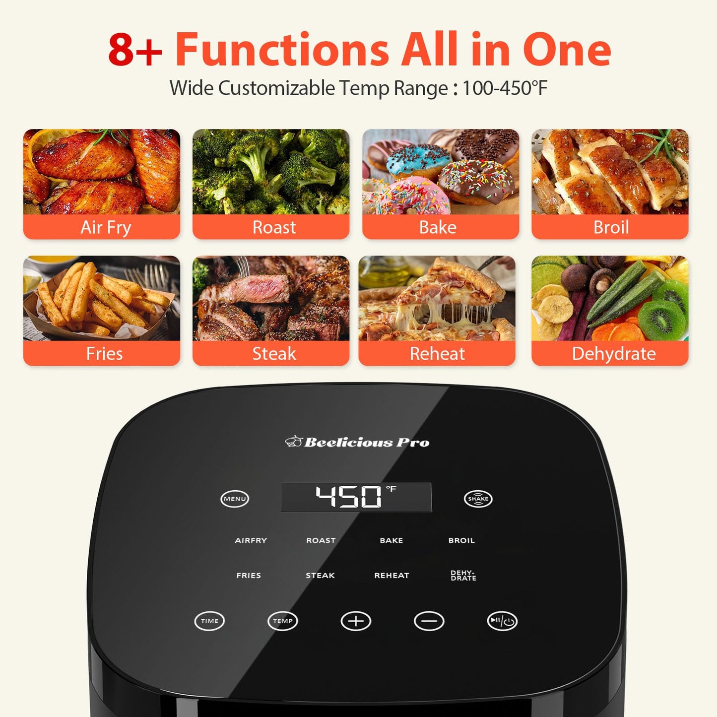 Air Fryer, Beelicious 8-in-1 Smart Compact 4QT Air Fryers, Shake Reminder,450°F Digital Airfryer with Flavor-Lock Tech,Tempered Glass Display, Dishwasher-Safe & Nonstick,Fit for 1-3 People, Red