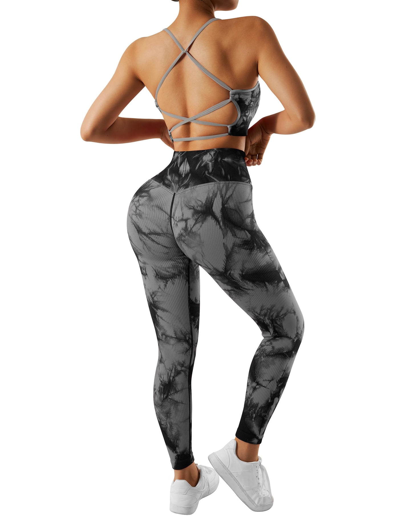 RXRXCOCO Gerippte Workout-Sets für Damen, 2-teilig, rückenfrei, Riemchen-Sport-BH, nahtlose Leggings, passendes Set, Yoga-Outfits 