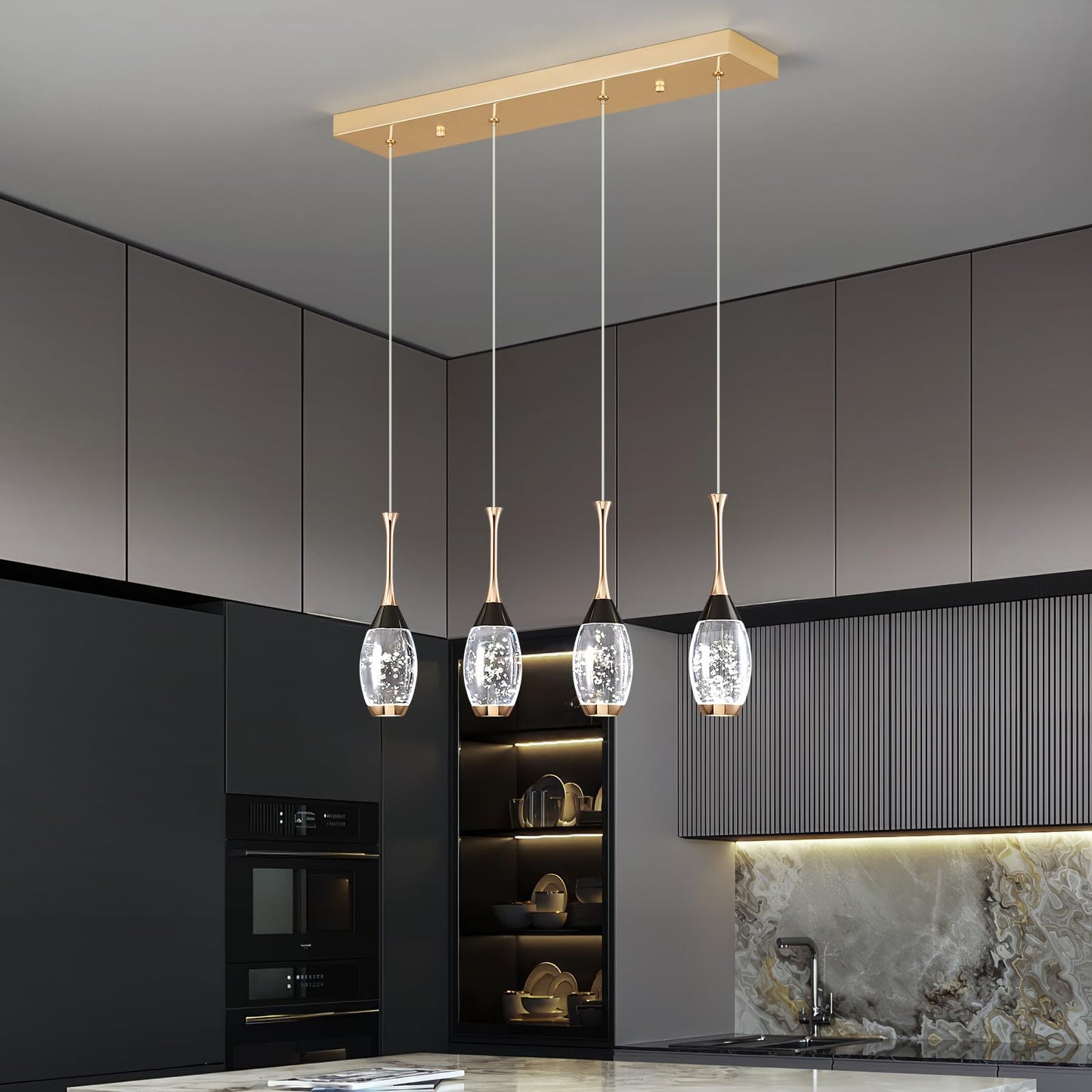 Moderne Pendelleuchte in Schwarzgold, dimmbare LED-Deckenleuchte, Mini-Pendelleuchte in Tropfenform aus Kristall für Kücheninsel, Schlafzimmer, Flur, Eingangsbereich (3er-Pack) 