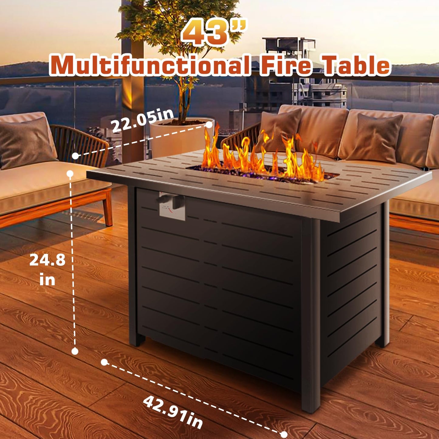 Xbeauty Fire Pit Propane Gas FirePit Table 43" Outdoor Fire Pit Rectangular Tabletop with Lid, Rain Cover, for Outside Garden Backyard Deck Patio