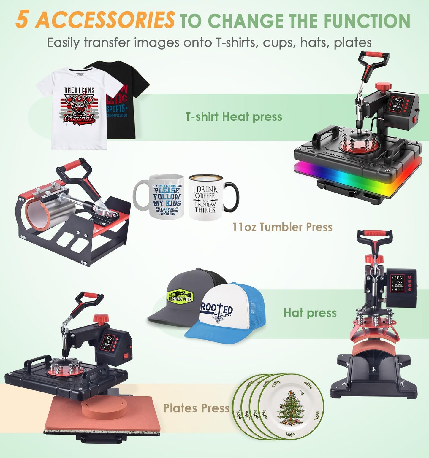 Slendor 5 in 1 Heat Press Machine 12x15 Inch T-Shirt Pressing Machine 360° Swing Away Sublimation Heat Press Digital Heat Transfer with 11OZ Tumbler Press, Multifunction Combo for Hat Cap Mug Plate