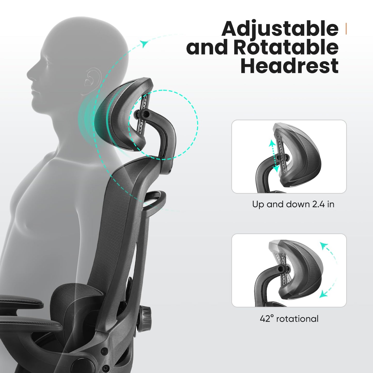 Ergonomischer Bürostuhl aus Netzgewebe, Schreibtischstuhl mit hoher Rückenlehne und 2D-Kopfstütze, Lendenwirbelstütze mit Auf- und Ab-Funktion, drehbarer Computer-Arbeitsstuhl mit verstellbaren, hochklappbaren Armlehnen, Schwarz 