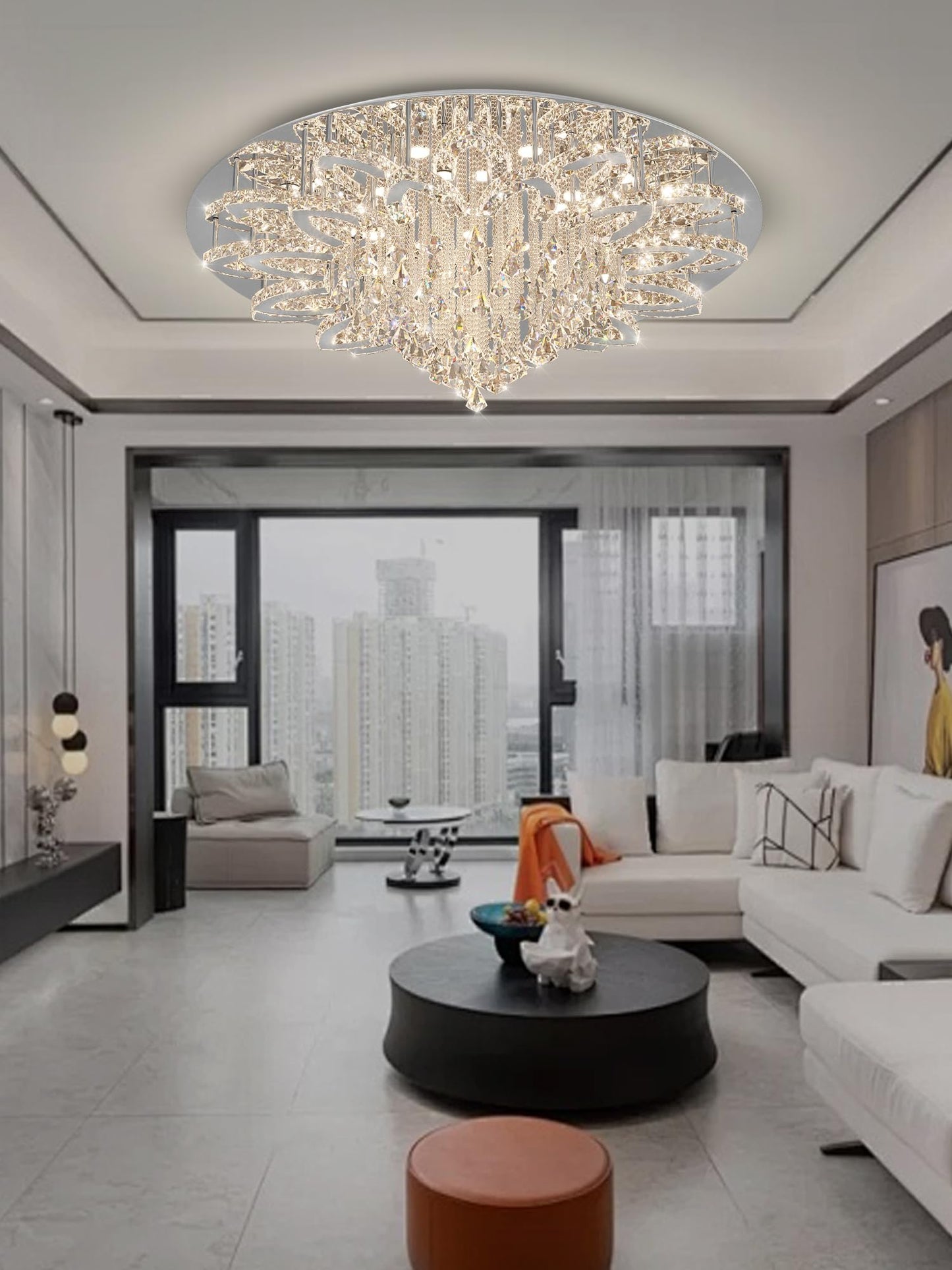 Flashing God W40 Modern Crystal Chandelier for Living Room Crystal Flush Mount LED Gold Ceiling Light Fixture for Foyer Dining Room Hallway Dimmable 2700k 4500k 6000k