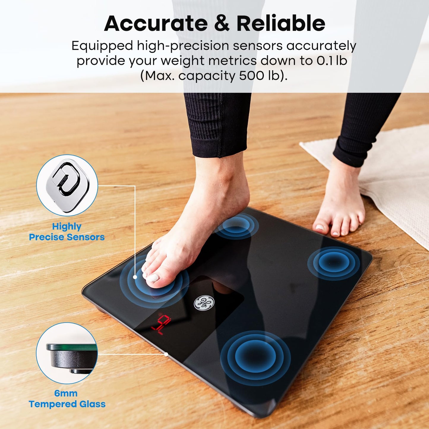 Balance de salle de bain GE Poids corporel : balance numérique IMC Éligible FSA HSA Balance de mesure robuste pour personnes Balance de pesée Bluetooth précise Balance électronique, noire 