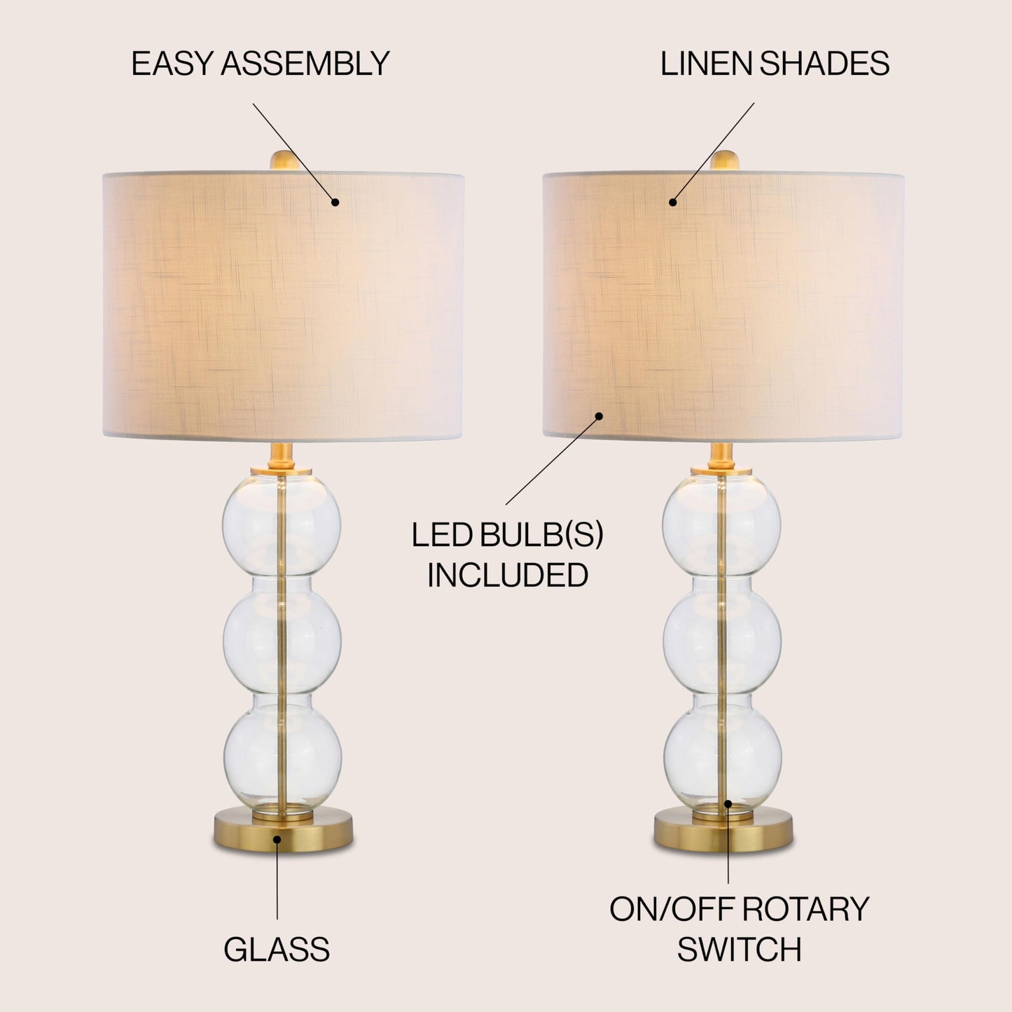 JONATHAN Y JYL1070D-SET2 Lot de 2 lampes de table Bella 27" Lampe de table à LED à triple sphère en verre Lampe de chevet contemporaine pour chambre à coucher, salon, bureau, bibliothèque universitaire, transparente/chromée 