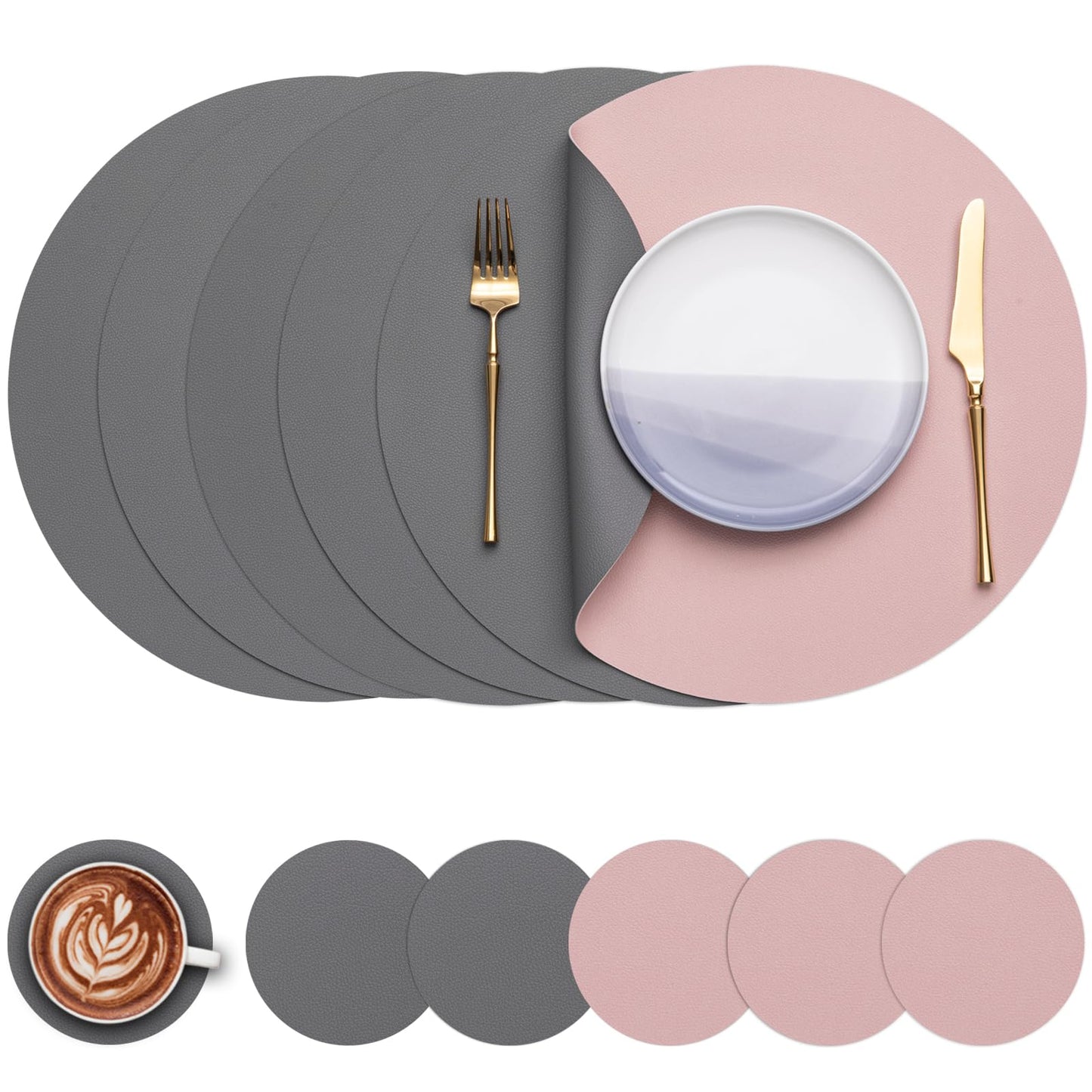 Myir JUN Round Table Placemats Set of 4 Faux Leather Place Mats and Coasters 15 inch Round Placemats Dual Sided Placemats Non-Slip Placemats Stain Resistant Placemats (Gray & Yellow, Set of 4)