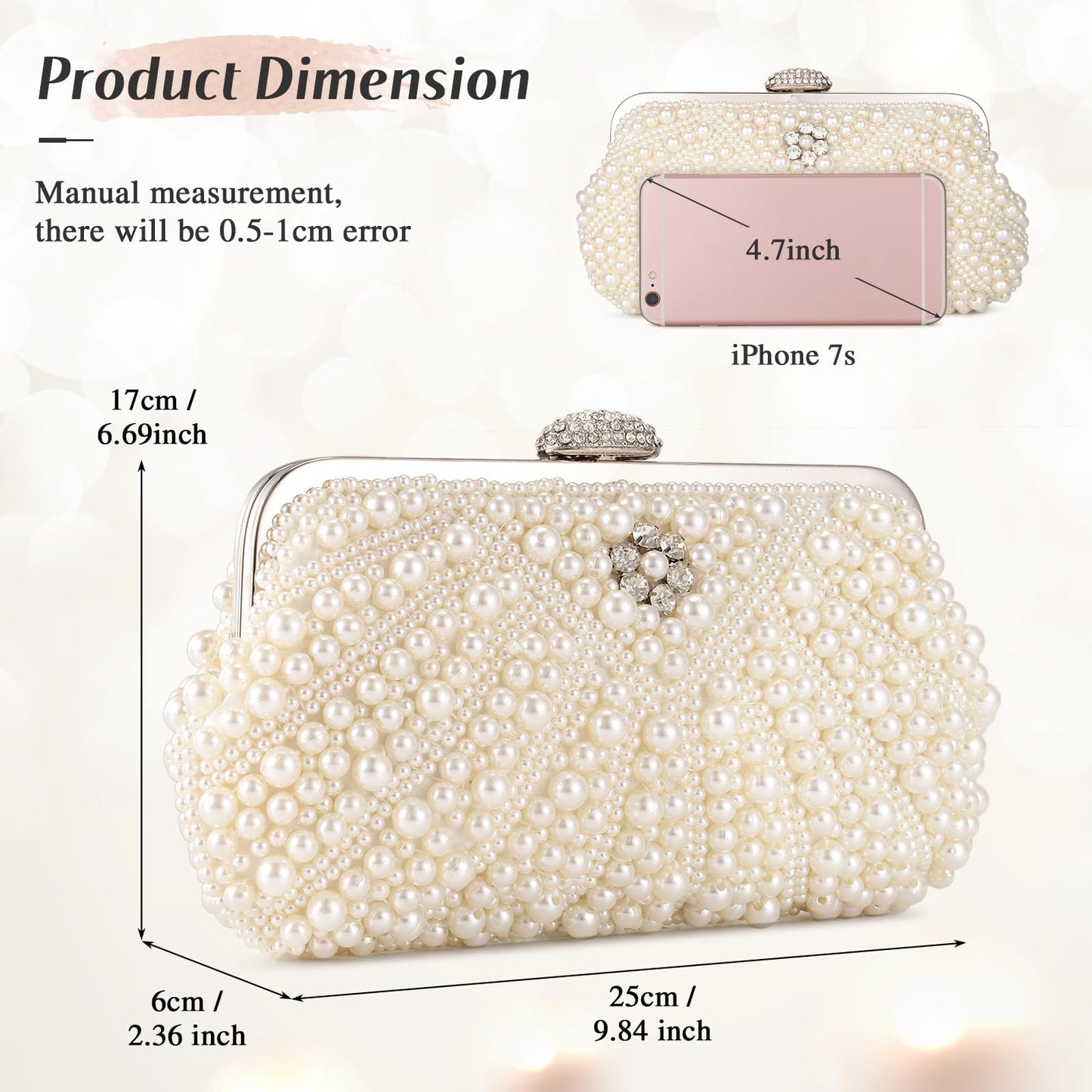 UBORSE Women Pearl Clutch Bag Noble Crystal Beaded Evening Bag Wedding Clutch with Pearl Chain