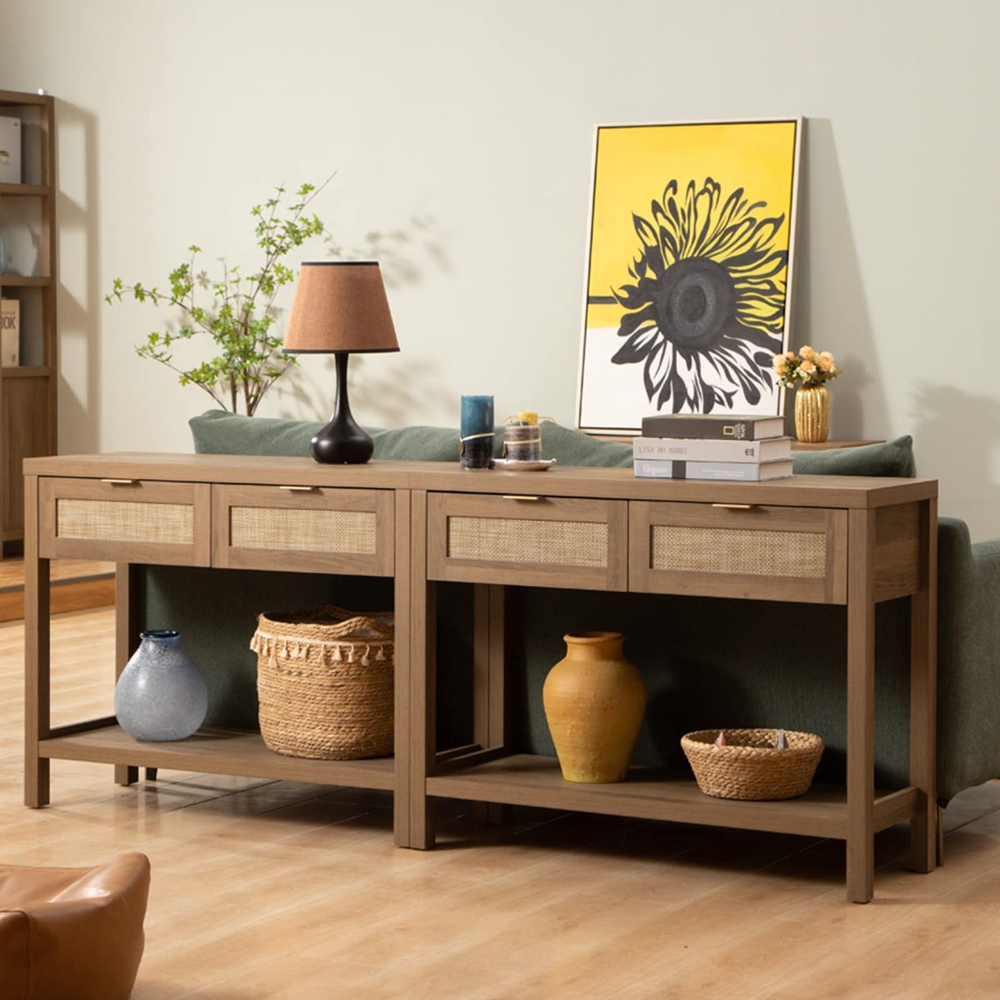 SICOTAS Konsolentisch 2er-Set – Boho-Eingangstisch mit Stauraum und Rattanschubladen, 2-stöckiges Regal, schmale lange Sofatische für das Wohnzimmer, Eingangstisch aus Naturholz für Flur, Foyer, helle Eiche 