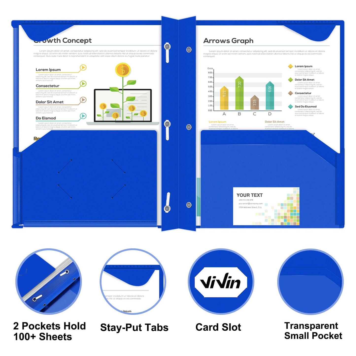 ViVin Heavyweight Plastic Folders with Pockets and Prongs, Two Pockets, Clear Front Pocket & Stay-Put Tabs, 6 Pack, Hold US Letter Size Paper, for School and Office - White