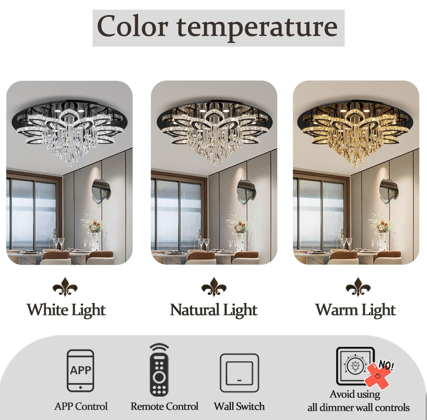 Flashing God W40 Modern Crystal Chandelier for Living Room Crystal Flush Mount LED Gold Ceiling Light Fixture for Foyer Dining Room Hallway Dimmable 2700k 4500k 6000k