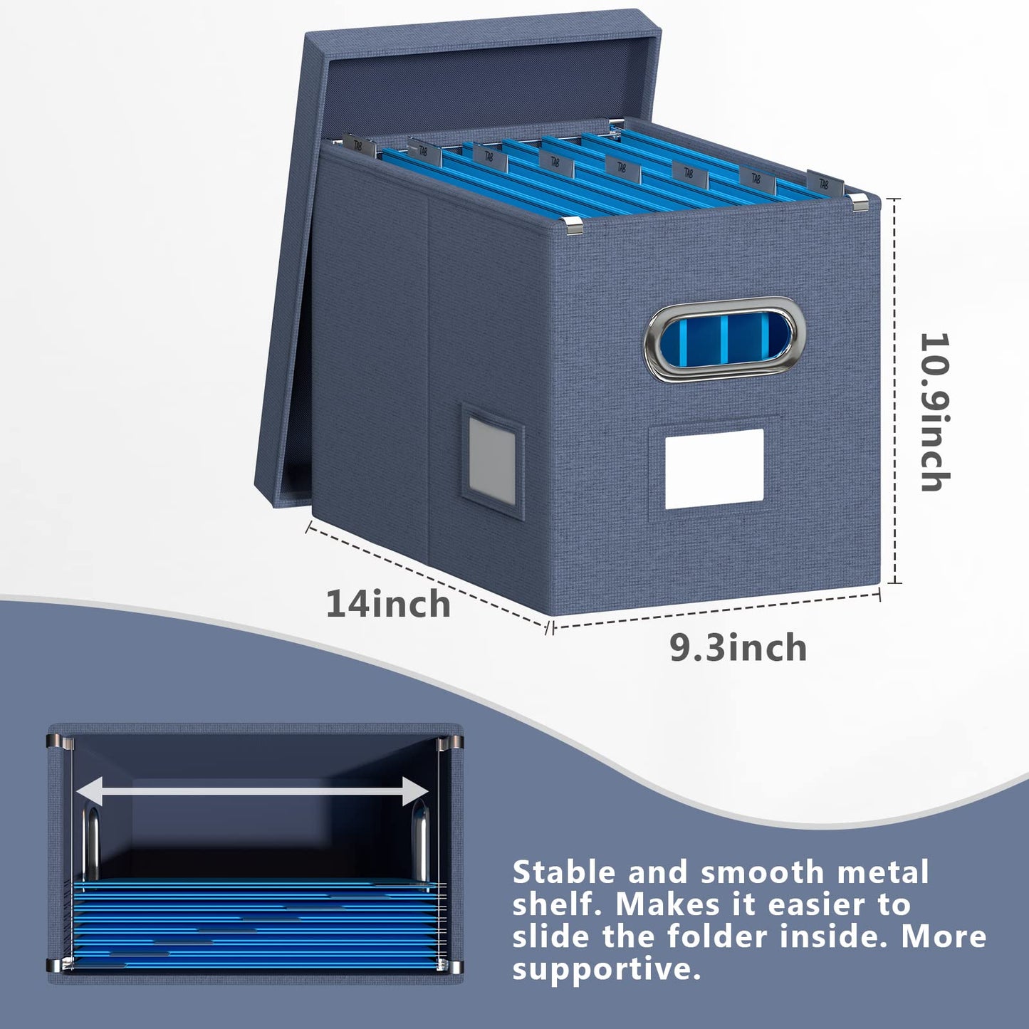 Hängeregistraturbox mit Deckel, 2er-Set, Aufbewahrungsboxen für Aktenordner, zusammenklappbarer dekorativer Aktenschrank aus Leinen für Büro/Zuhause (35,6 x 23,5 x 27,6 cm) (Marineblau) 