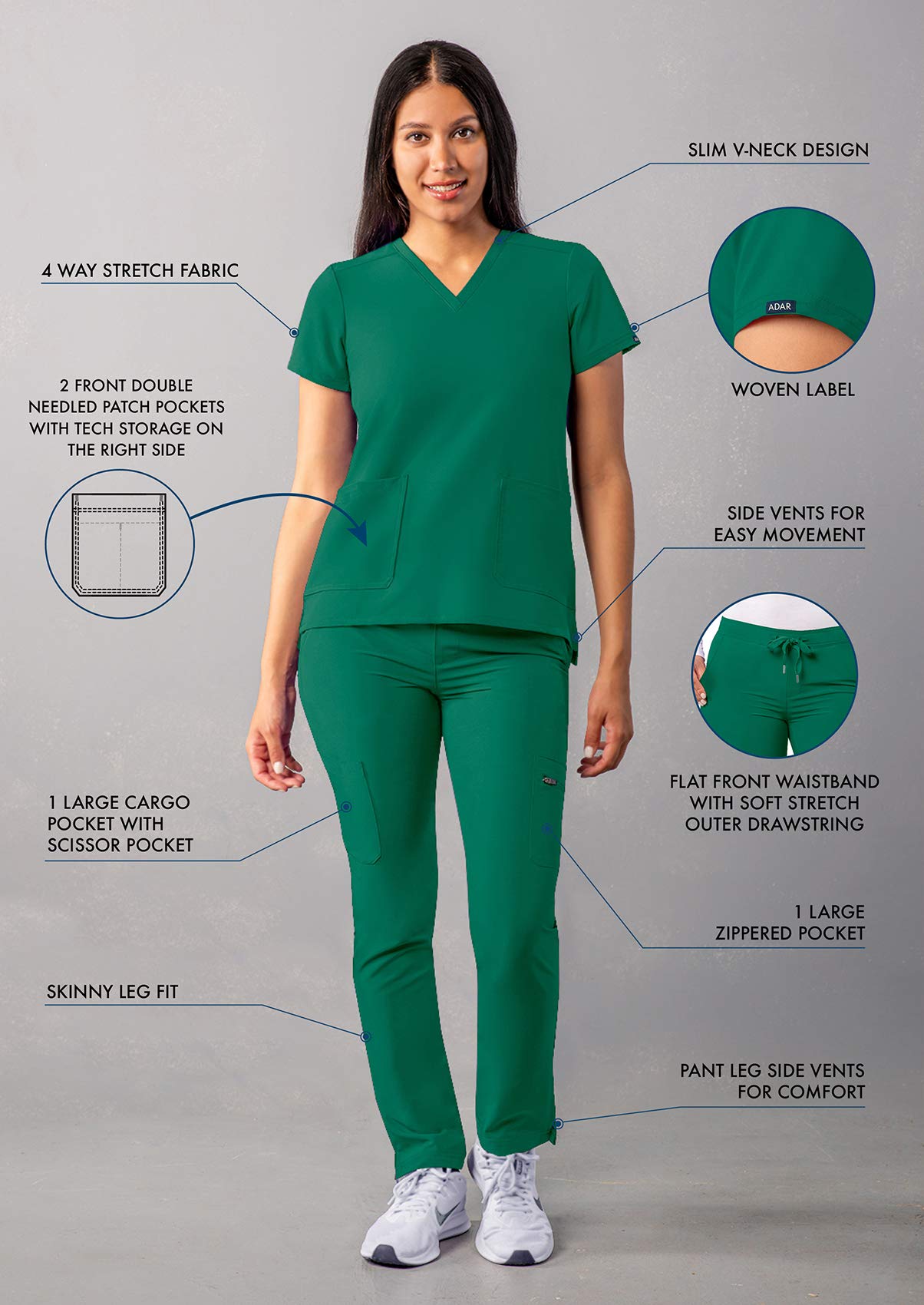 Adar Addition Go-Basic Scrub Set for Women - Slim V-Neck Scrub Top & Skinny Cargo Scrub Pants