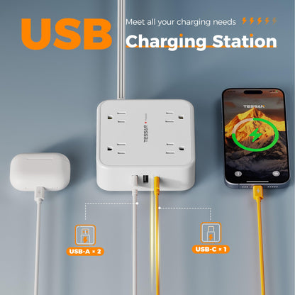Surge Protector Flat Extension Cord Flat Plug Power Strip, 8 AC Outlets, 3 USB Charger(1 USB C Port) 3-Sided Outlet Extender, 5 Ft, 900 Joules Protection