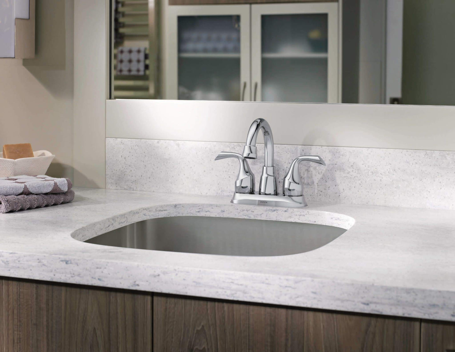 Moen Idora Chrome Two-Handle Centerset Bathroom Sink Faucet with Drain Assembly, 84115