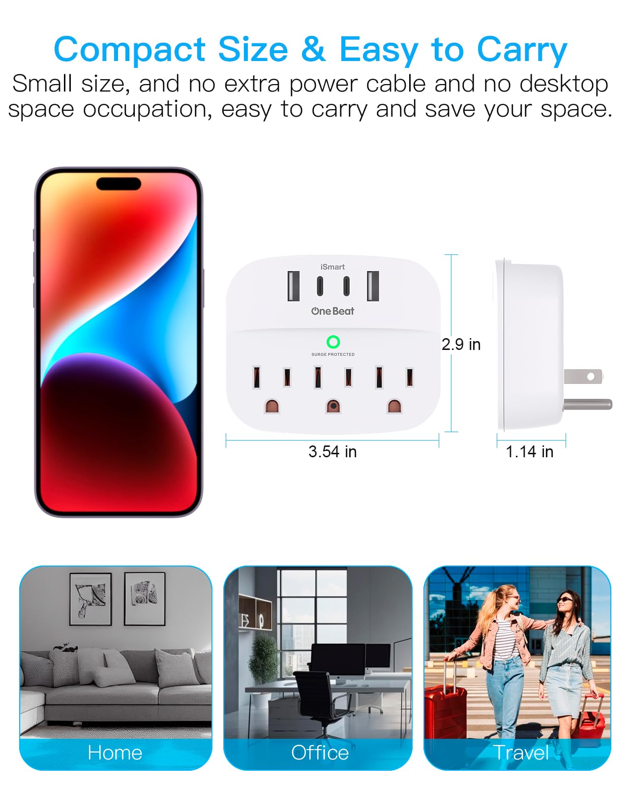 2 Pack Multi Plug Outlet Splitter with USB, Surge Protector Outlet Extender with 3 Wall Outlets 4 USB Wall Charger(2 USB C), 490 Joules, ETL Listed, Small Outlet Adapter Plug Extender for Travel,Black