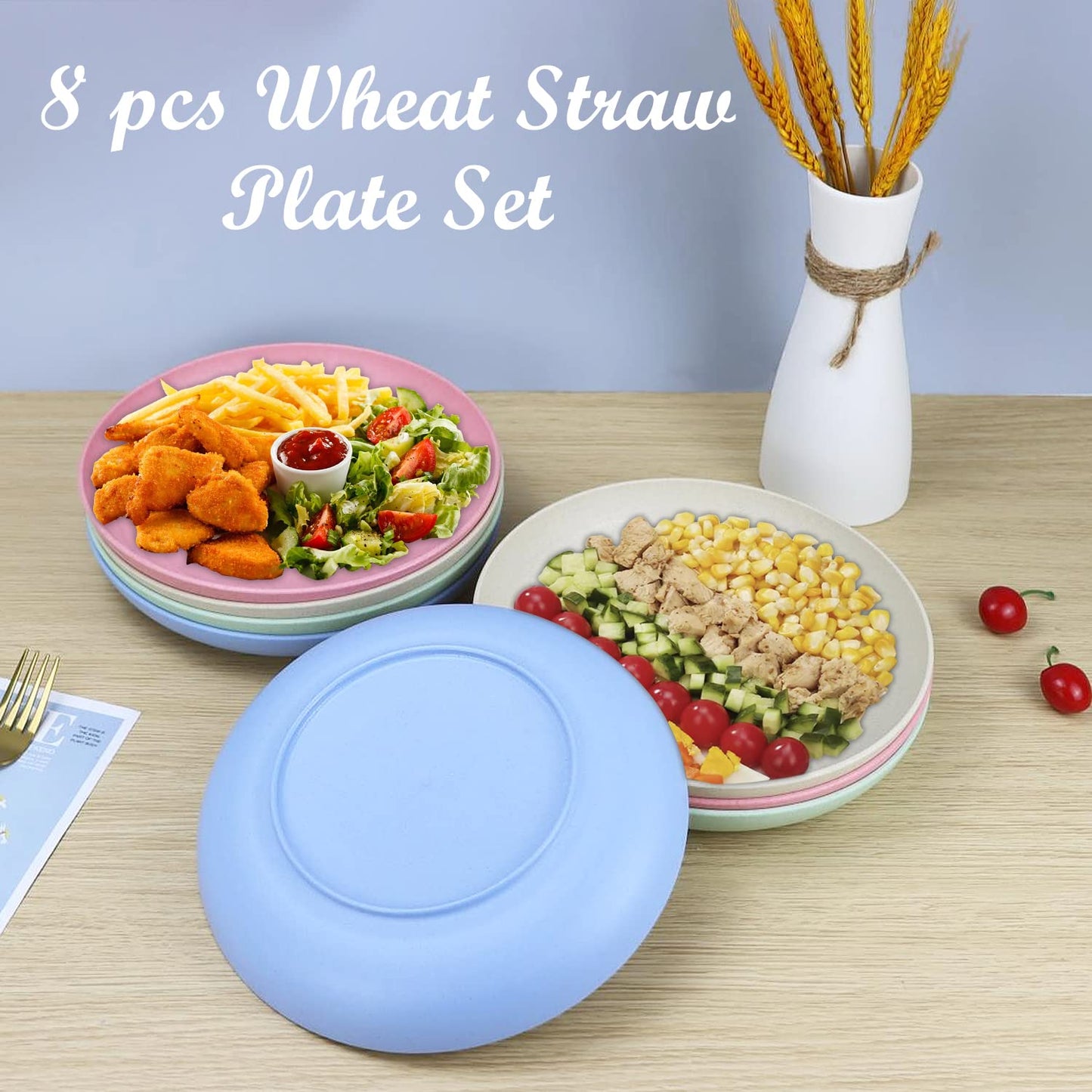 Homienly Deep Dinner Plates Set of 8 Alternative for Plastic Plates Microwave and Dishwasher Safe Wheat Straw Plates for Kitchen Unbreakable Kids Plates with 4 Colors (Classic Bright, 9 inch)