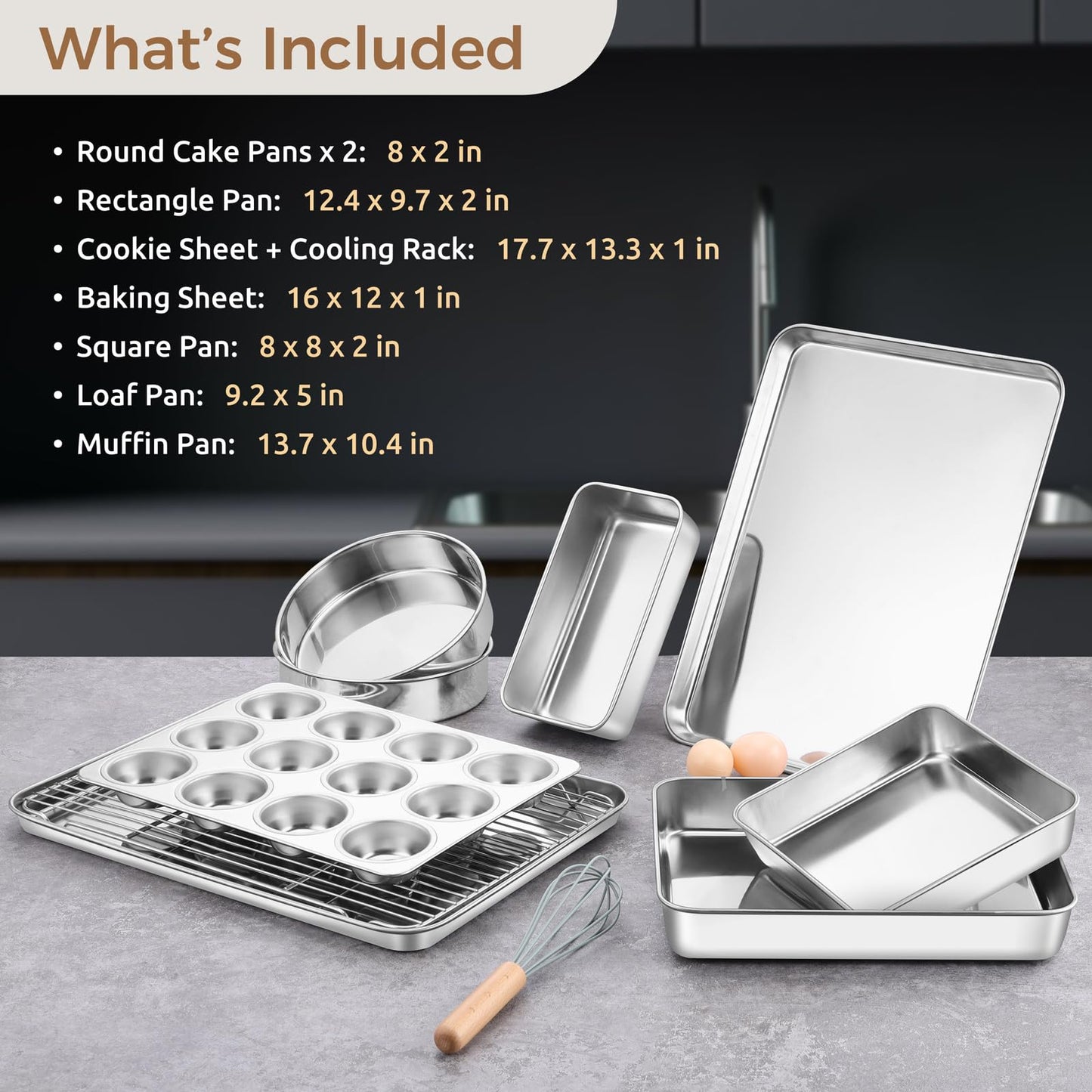 E-far Stainless Steel Baking Pan Set, 6-Piece Metal Bakeware Sets Include Cookie Sheet, Round Square Rectangle Cake Pans, Non-toxic & Dishwasher Safe